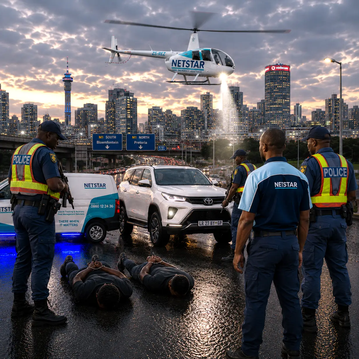 Netstar helicopter and ground recovery team in action recovering a stolen vehicle in South Africa